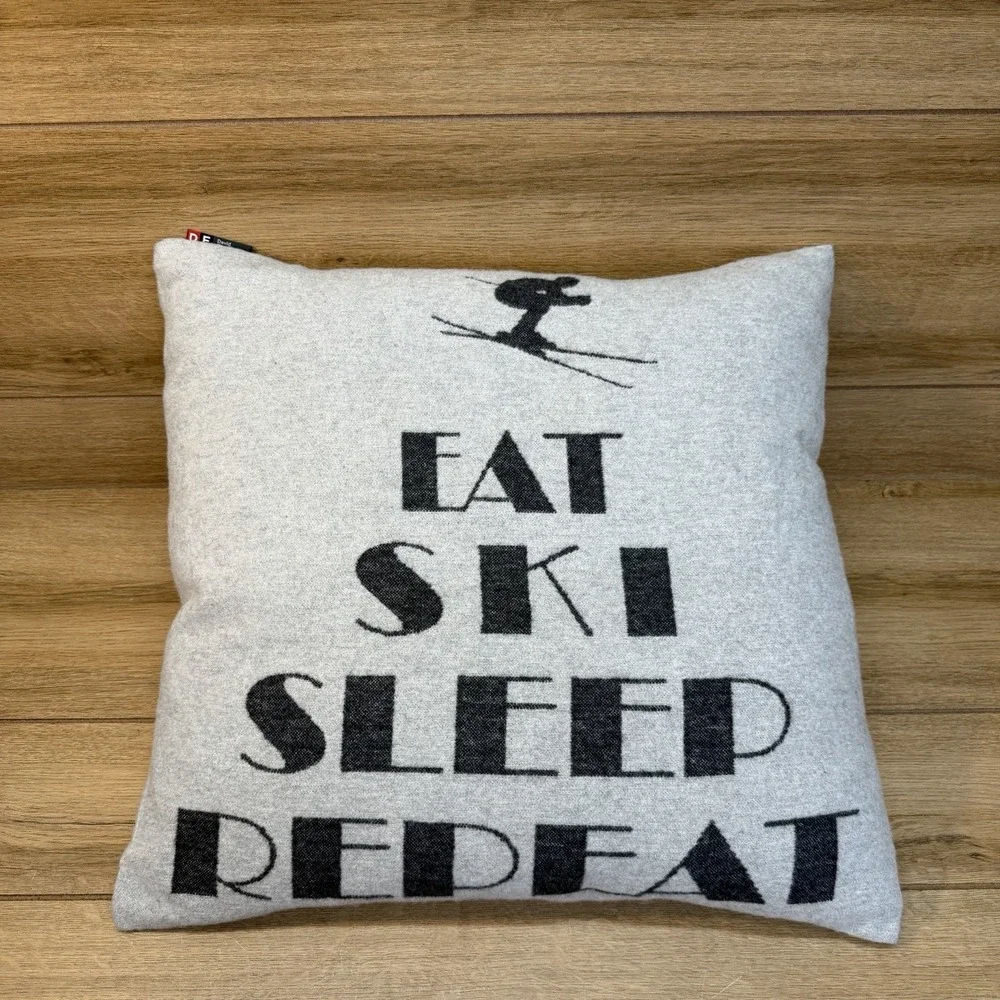 David Fussenegger Gray Soft Pillow Alpine Chalet Eat Sleep Ski Repeat Winter New